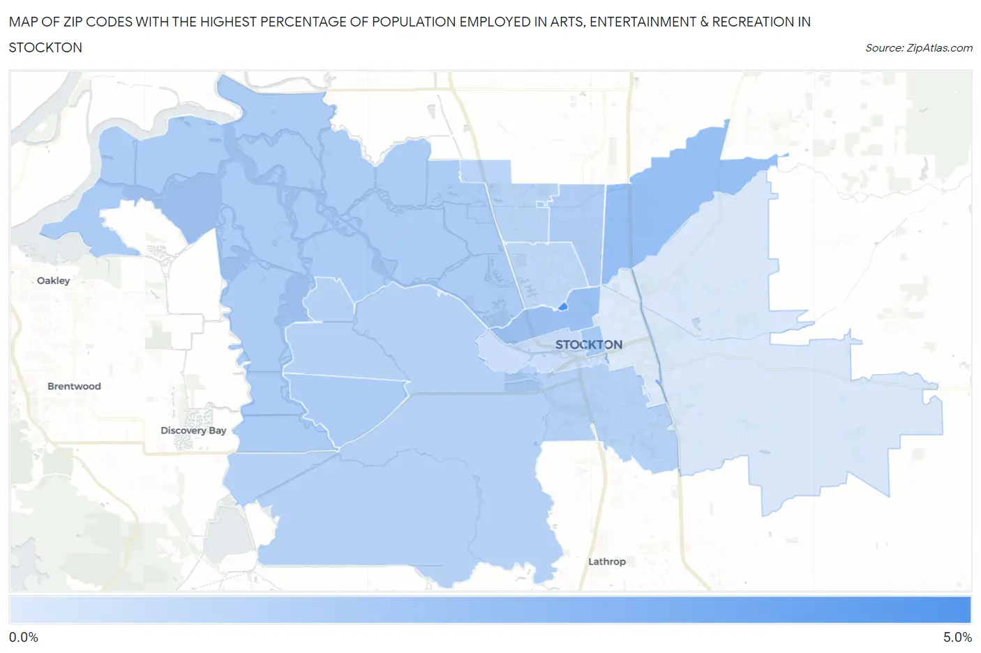 Zip Codes with the Highest Percentage of Population Employed in Arts, Entertainment & Recreation in Stockton Map