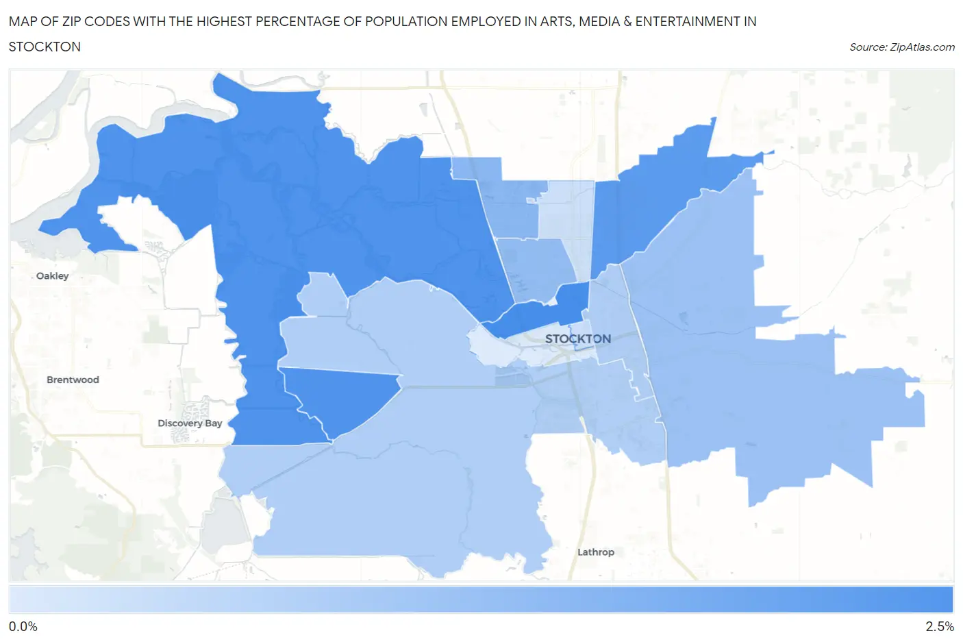 Zip Codes with the Highest Percentage of Population Employed in Arts, Media & Entertainment in Stockton Map