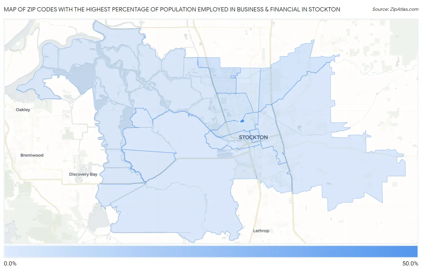 Zip Codes with the Highest Percentage of Population Employed in Business & Financial in Stockton Map