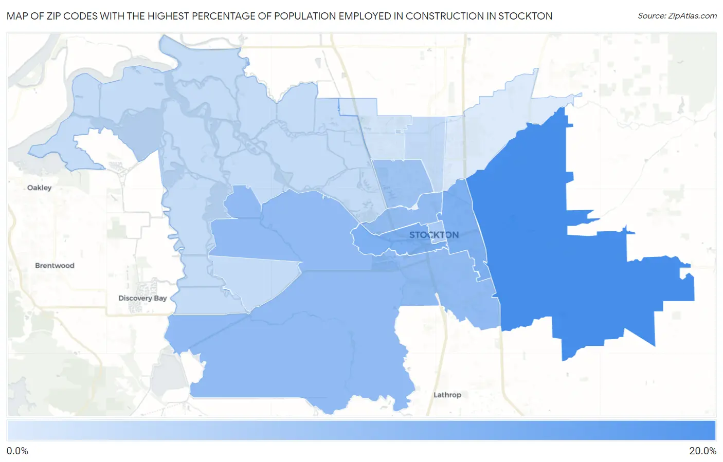 Zip Codes with the Highest Percentage of Population Employed in Construction in Stockton Map
