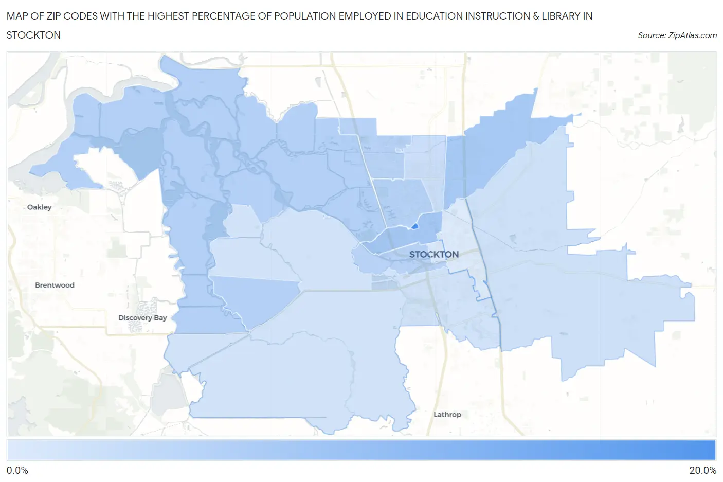 Zip Codes with the Highest Percentage of Population Employed in Education Instruction & Library in Stockton Map