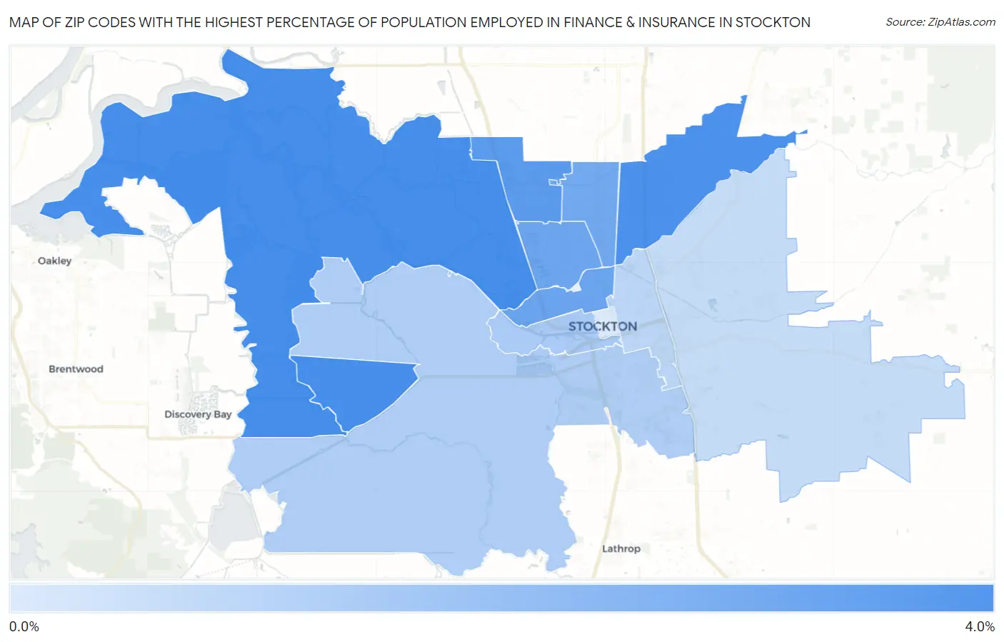 Zip Codes with the Highest Percentage of Population Employed in Finance & Insurance in Stockton Map
