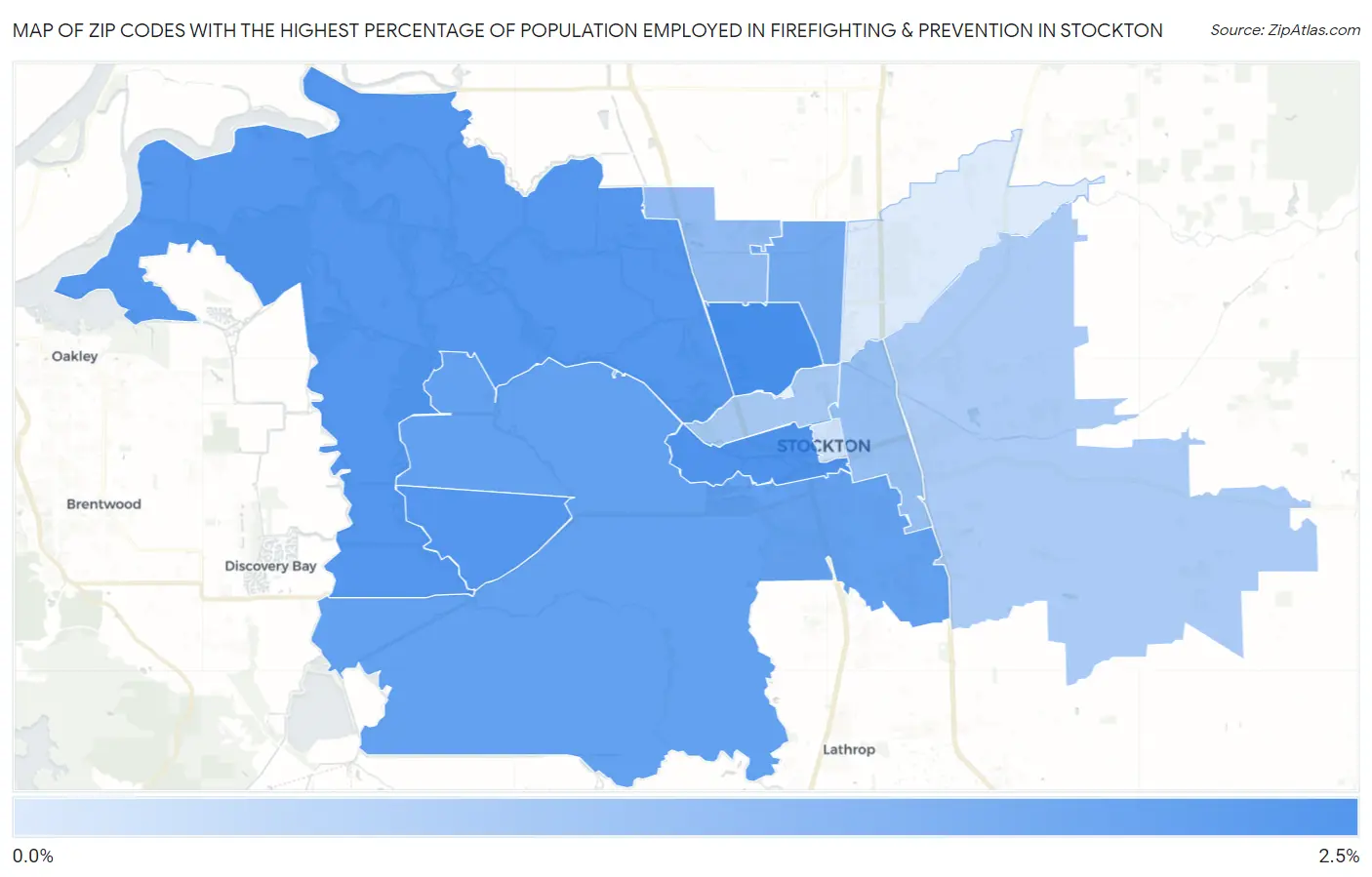 Zip Codes with the Highest Percentage of Population Employed in Firefighting & Prevention in Stockton Map