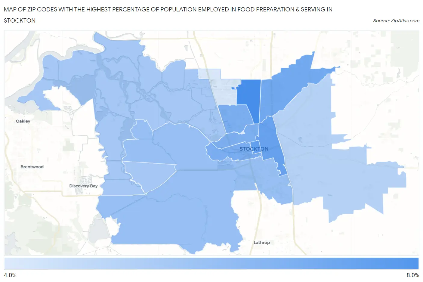 Zip Codes with the Highest Percentage of Population Employed in Food Preparation & Serving in Stockton Map