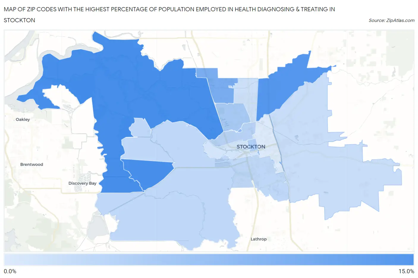 Zip Codes with the Highest Percentage of Population Employed in Health Diagnosing & Treating in Stockton Map