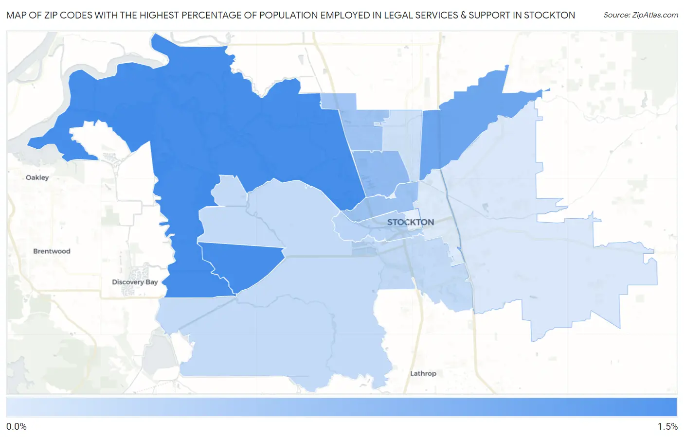 Zip Codes with the Highest Percentage of Population Employed in Legal Services & Support in Stockton Map