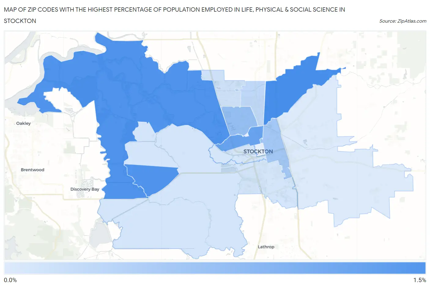 Zip Codes with the Highest Percentage of Population Employed in Life, Physical & Social Science in Stockton Map