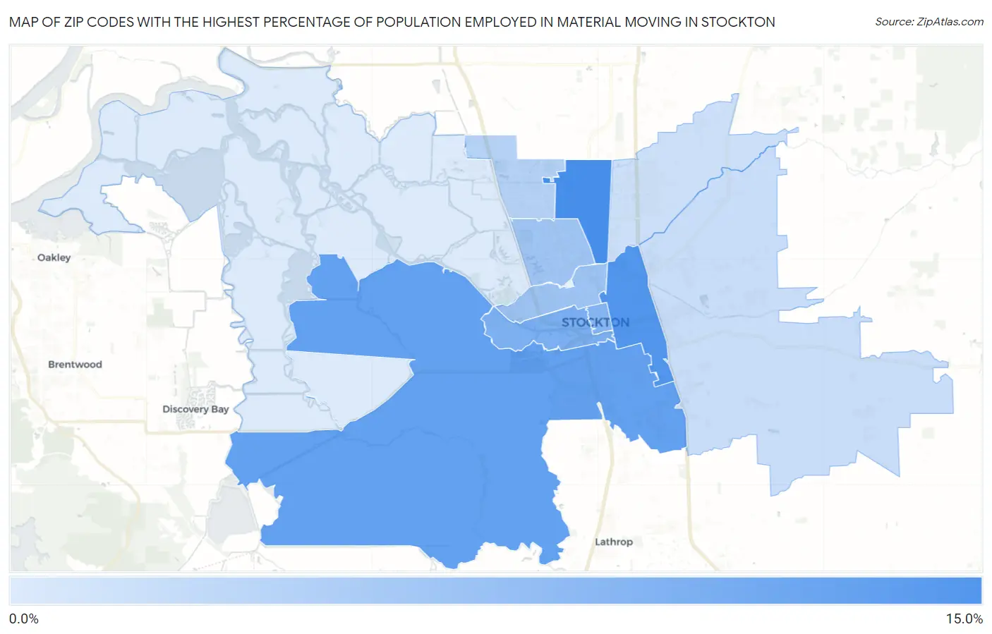 Zip Codes with the Highest Percentage of Population Employed in Material Moving in Stockton Map