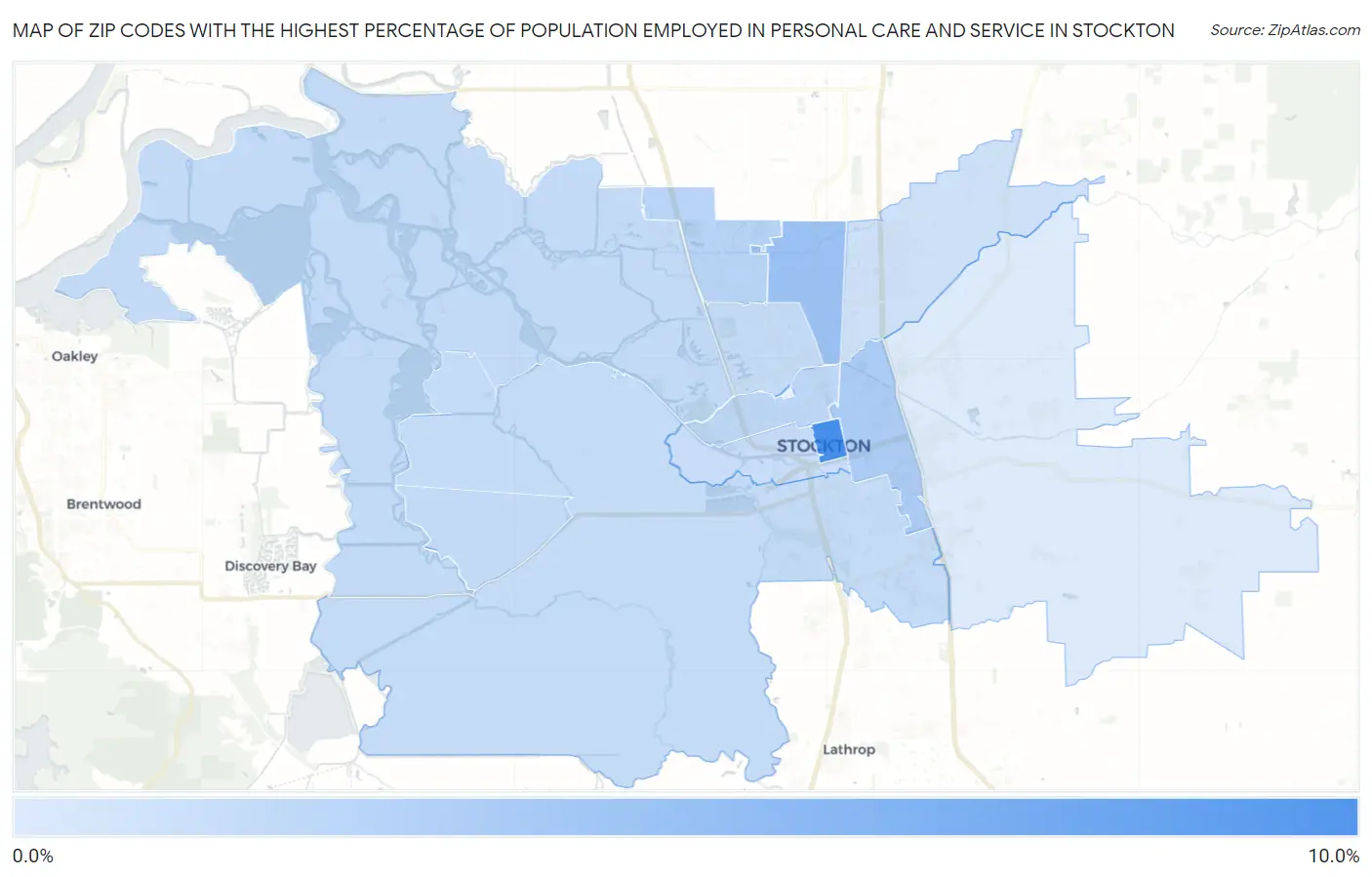 Zip Codes with the Highest Percentage of Population Employed in Personal Care and Service in Stockton Map