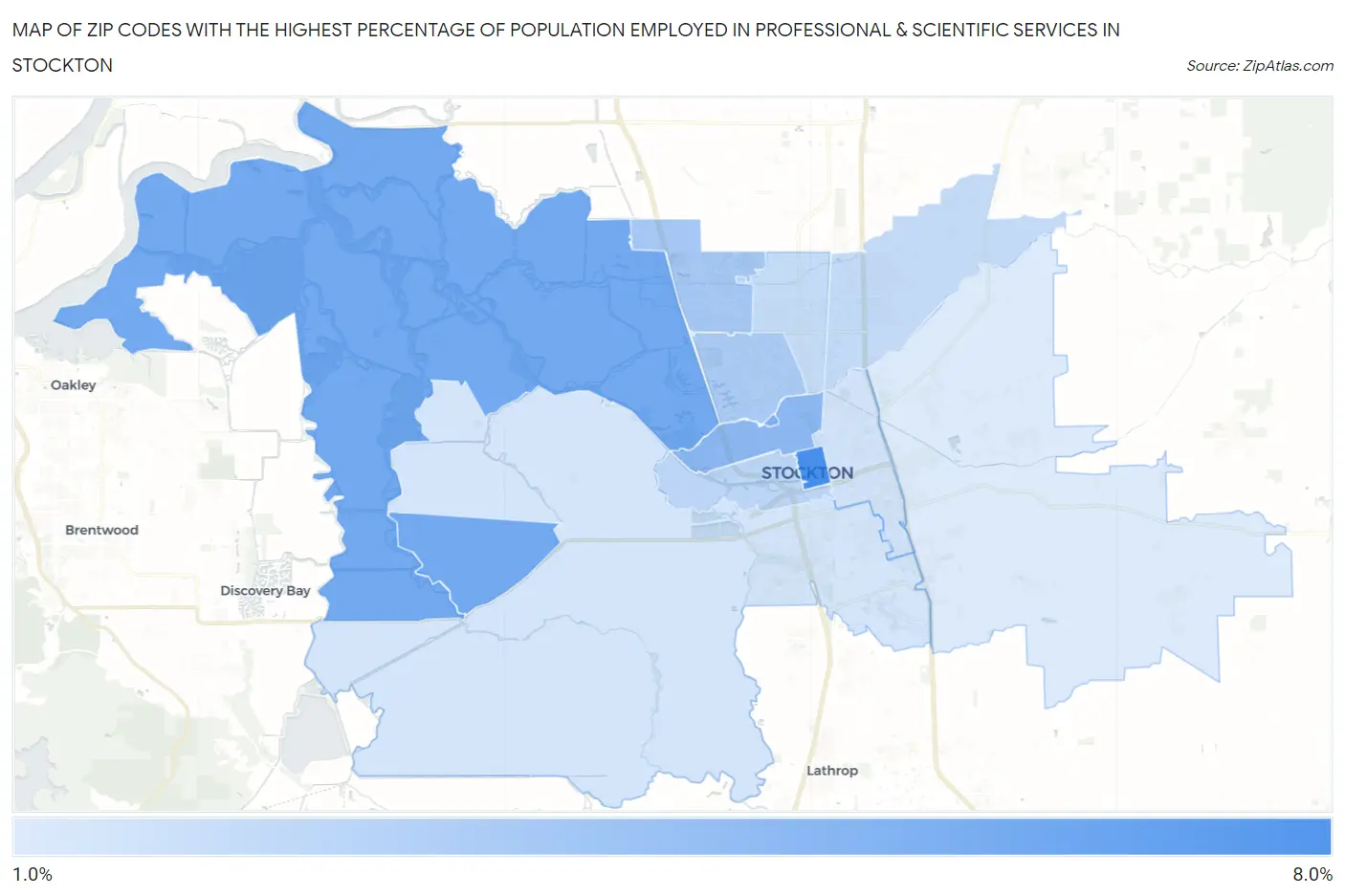 Zip Codes with the Highest Percentage of Population Employed in Professional & Scientific Services in Stockton Map