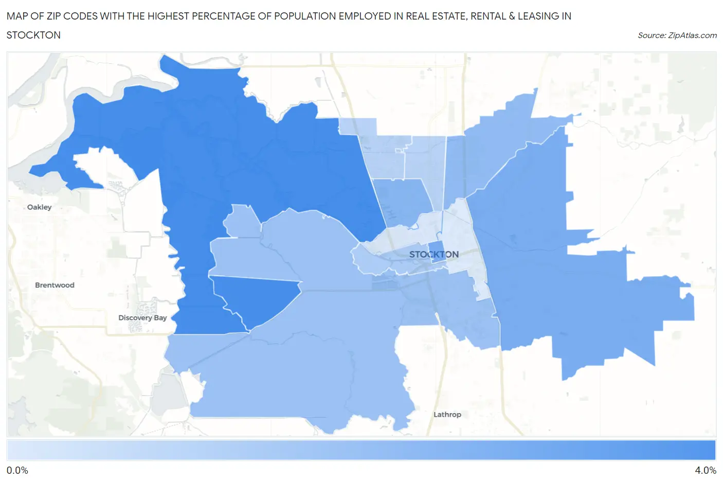 Zip Codes with the Highest Percentage of Population Employed in Real Estate, Rental & Leasing in Stockton Map