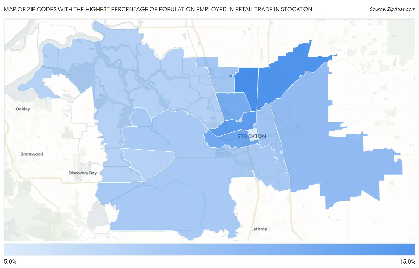 Zip Codes with the Highest Percentage of Population Employed in Retail Trade in Stockton Map