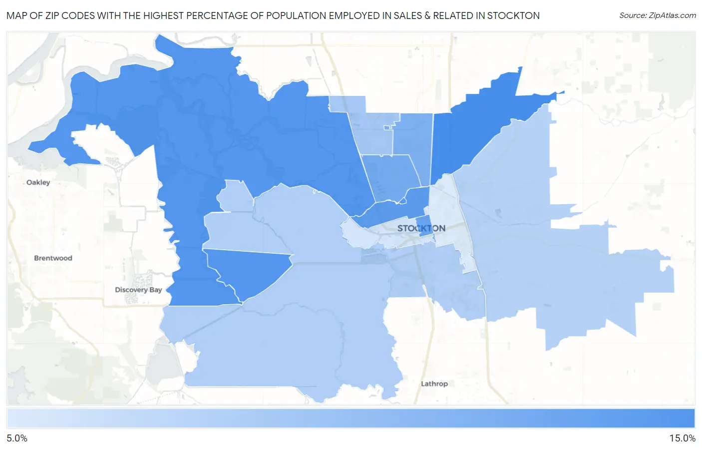 Zip Codes with the Highest Percentage of Population Employed in Sales & Related in Stockton Map