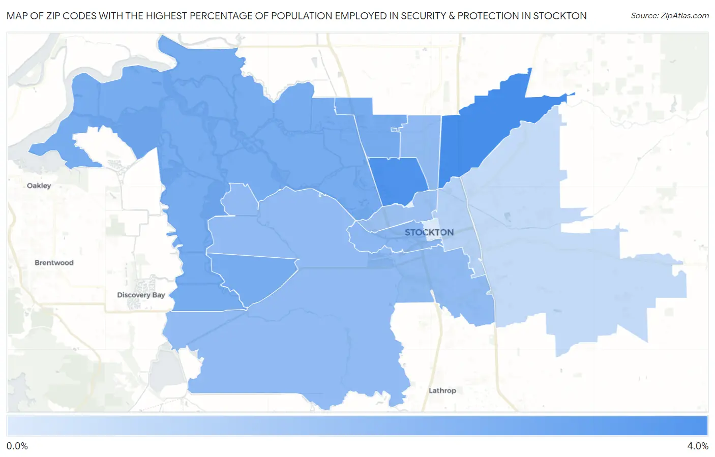 Zip Codes with the Highest Percentage of Population Employed in Security & Protection in Stockton Map