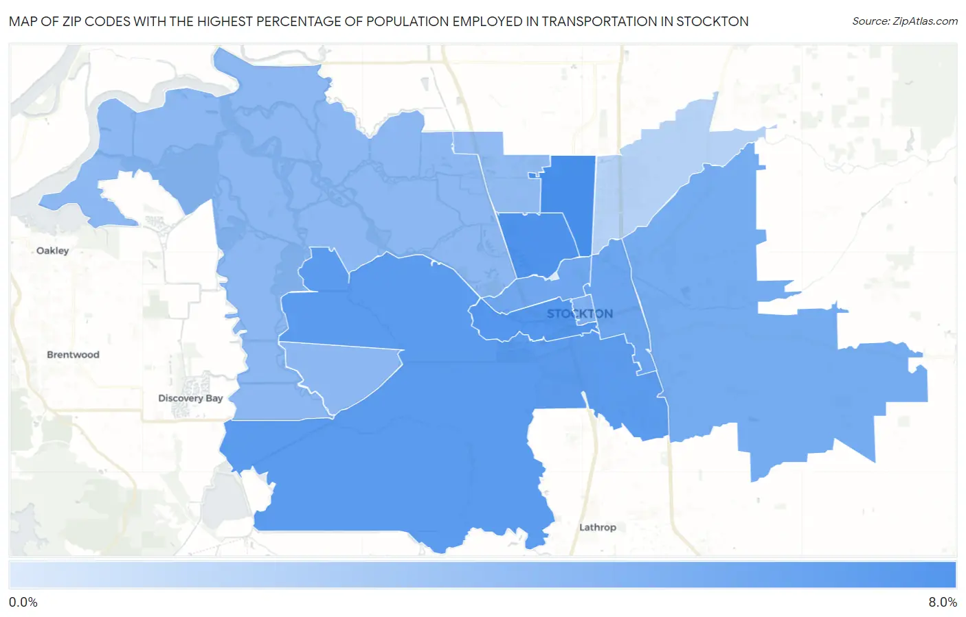 Zip Codes with the Highest Percentage of Population Employed in Transportation in Stockton Map