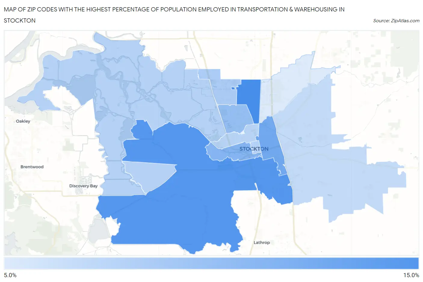 Zip Codes with the Highest Percentage of Population Employed in Transportation & Warehousing in Stockton Map