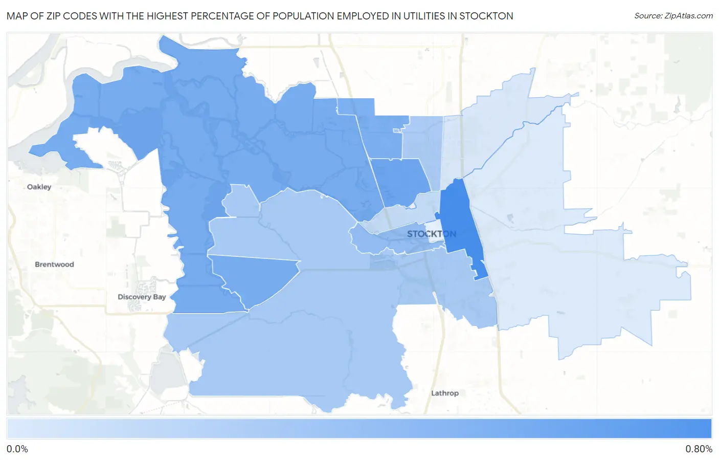 Zip Codes with the Highest Percentage of Population Employed in Utilities in Stockton Map