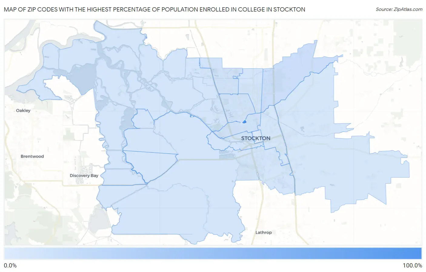 Zip Codes with the Highest Percentage of Population Enrolled in College in Stockton Map