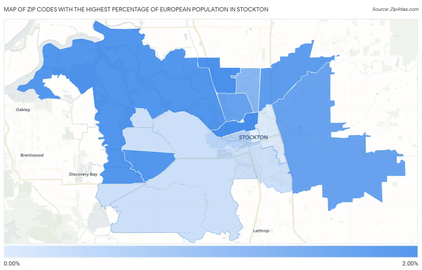 Zip Codes with the Highest Percentage of European Population in Stockton Map