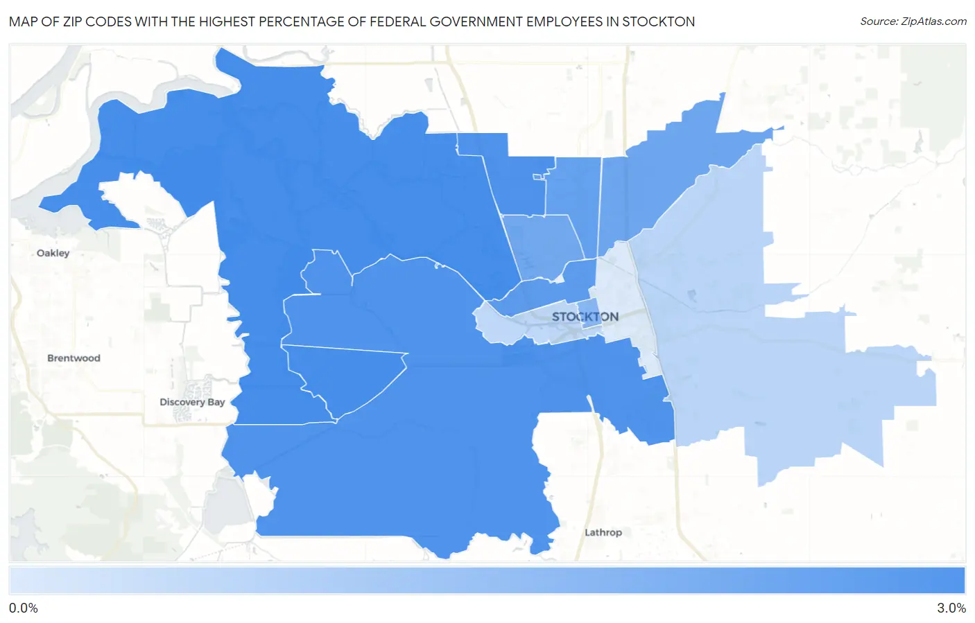 Zip Codes with the Highest Percentage of Federal Government Employees in Stockton Map
