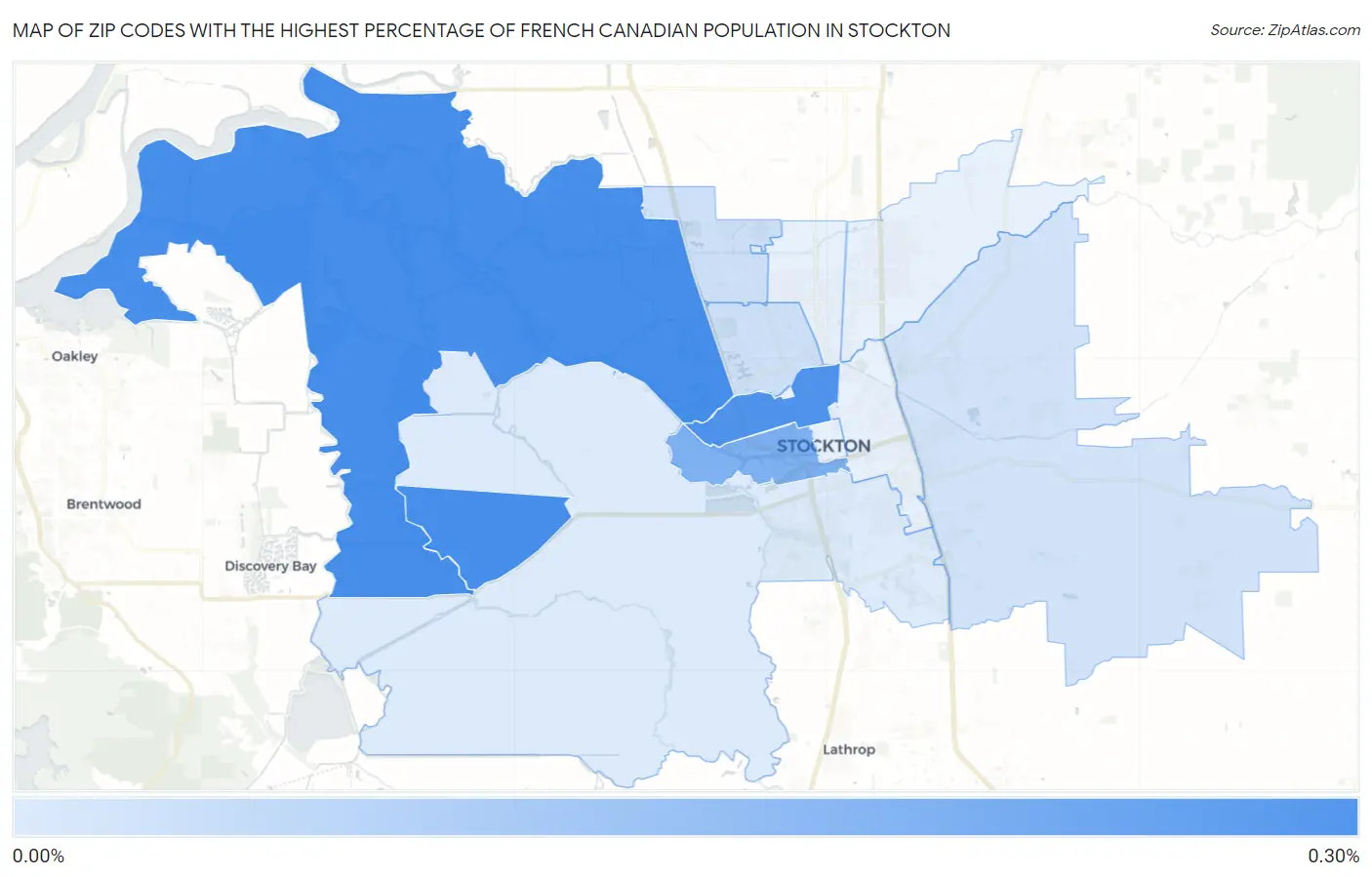 Zip Codes with the Highest Percentage of French Canadian Population in Stockton Map