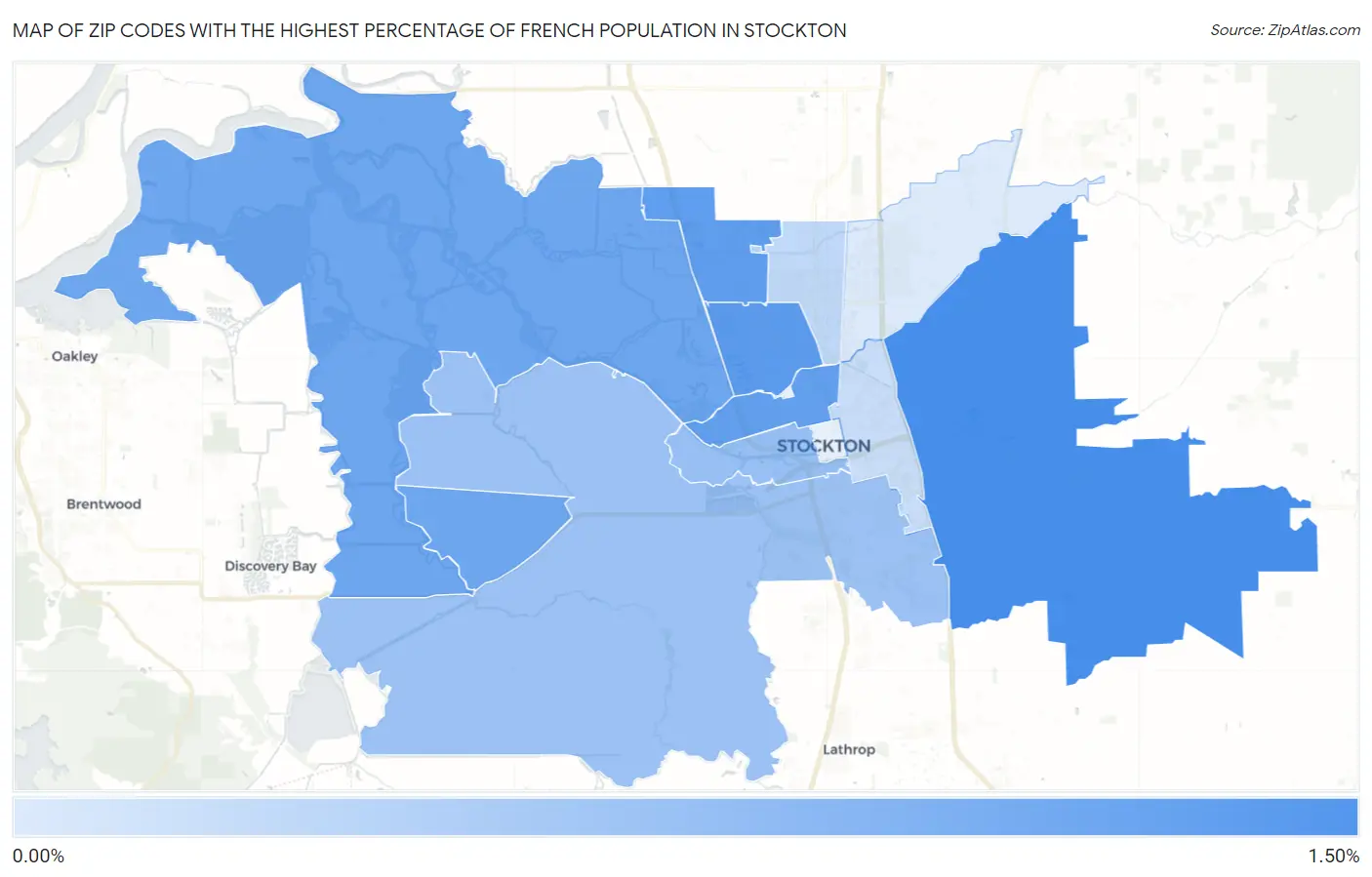 Zip Codes with the Highest Percentage of French Population in Stockton Map