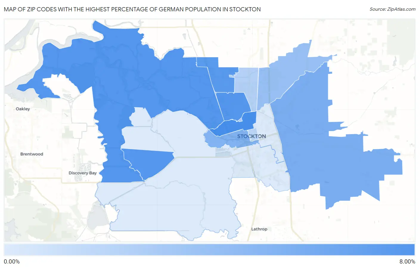 Zip Codes with the Highest Percentage of German Population in Stockton Map