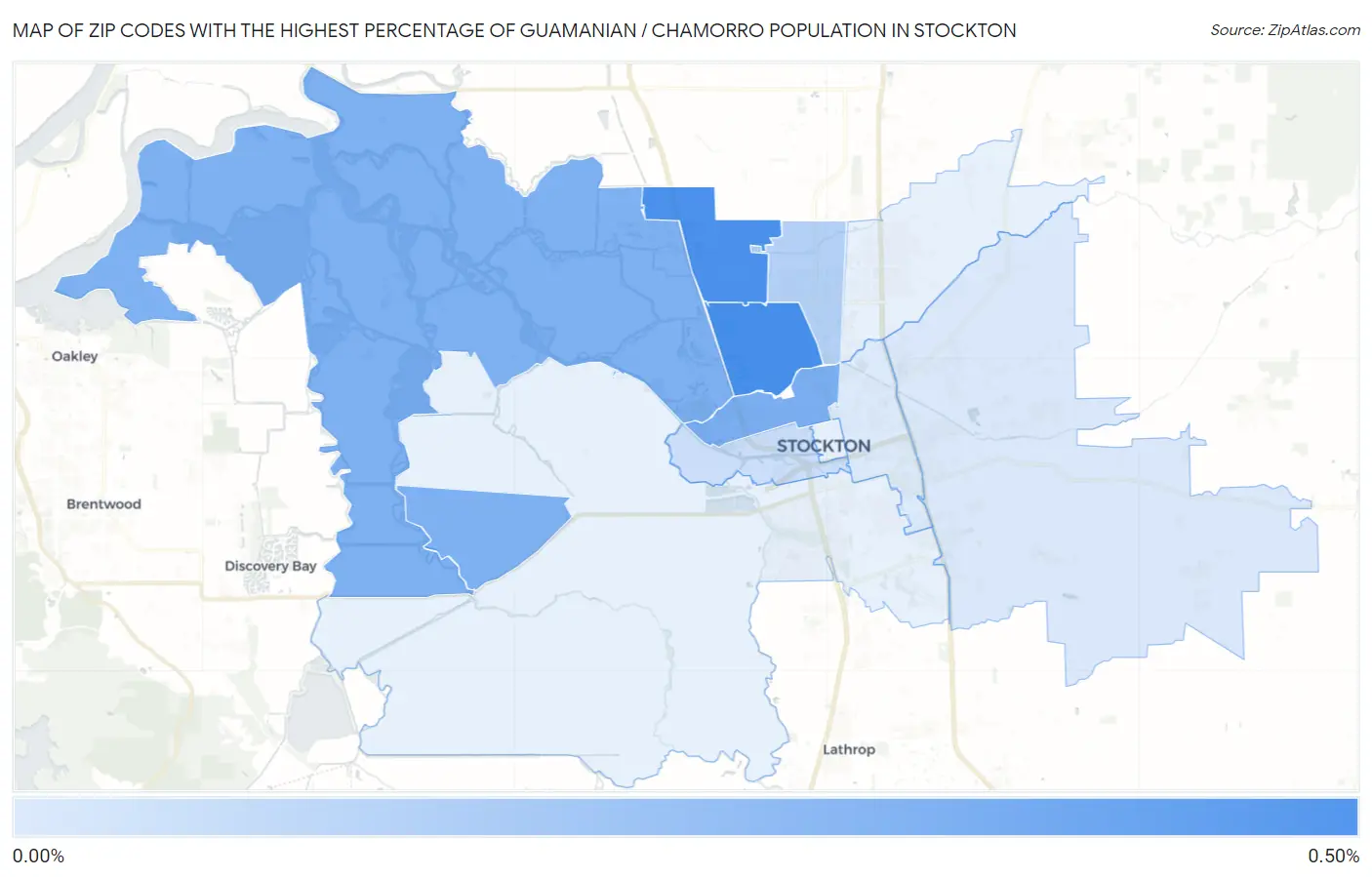 Zip Codes with the Highest Percentage of Guamanian / Chamorro Population in Stockton Map