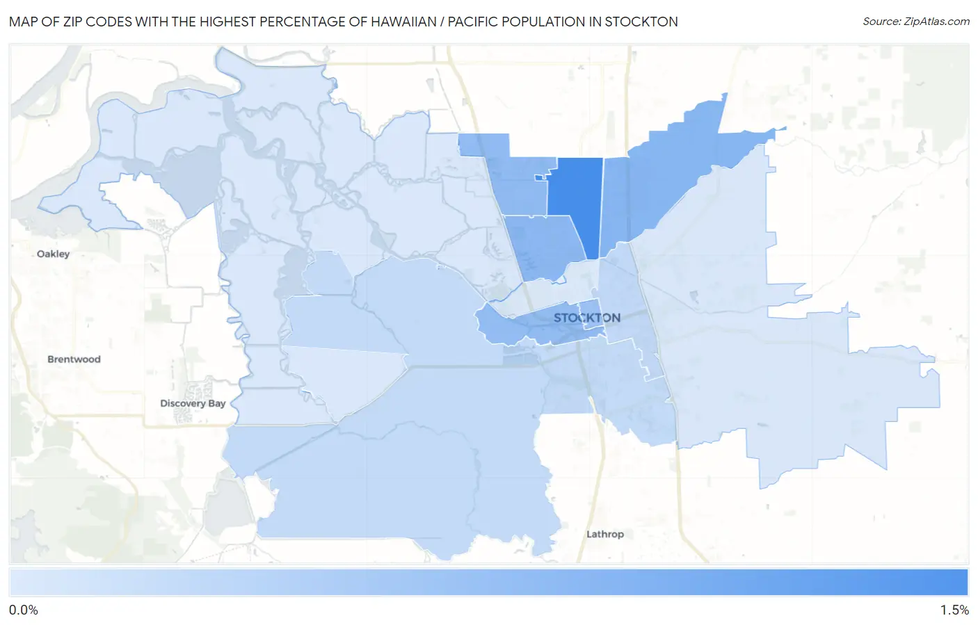 Zip Codes with the Highest Percentage of Hawaiian / Pacific Population in Stockton Map