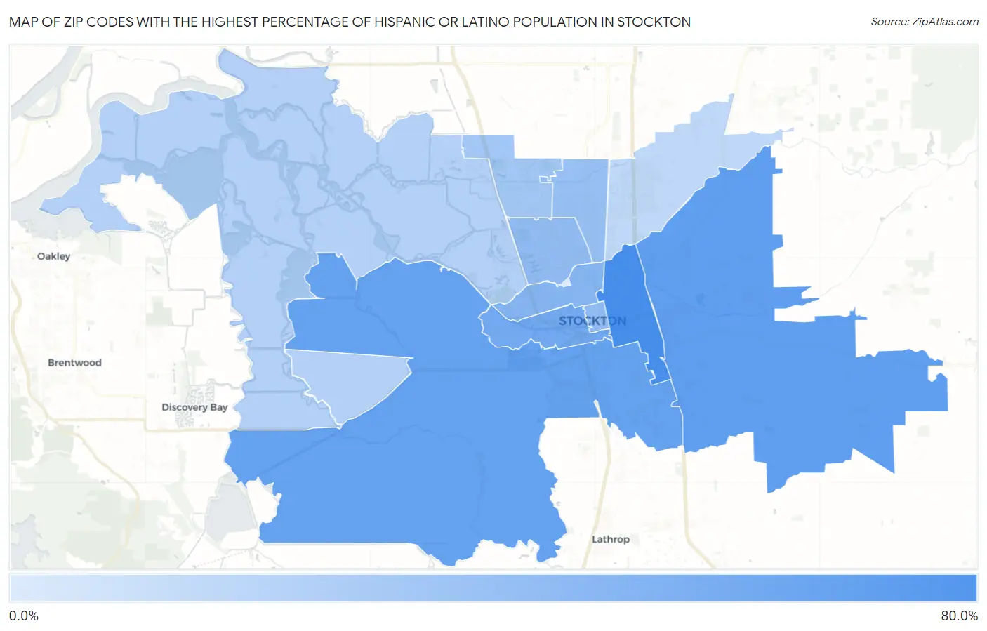 Zip Codes with the Highest Percentage of Hispanic or Latino Population in Stockton Map