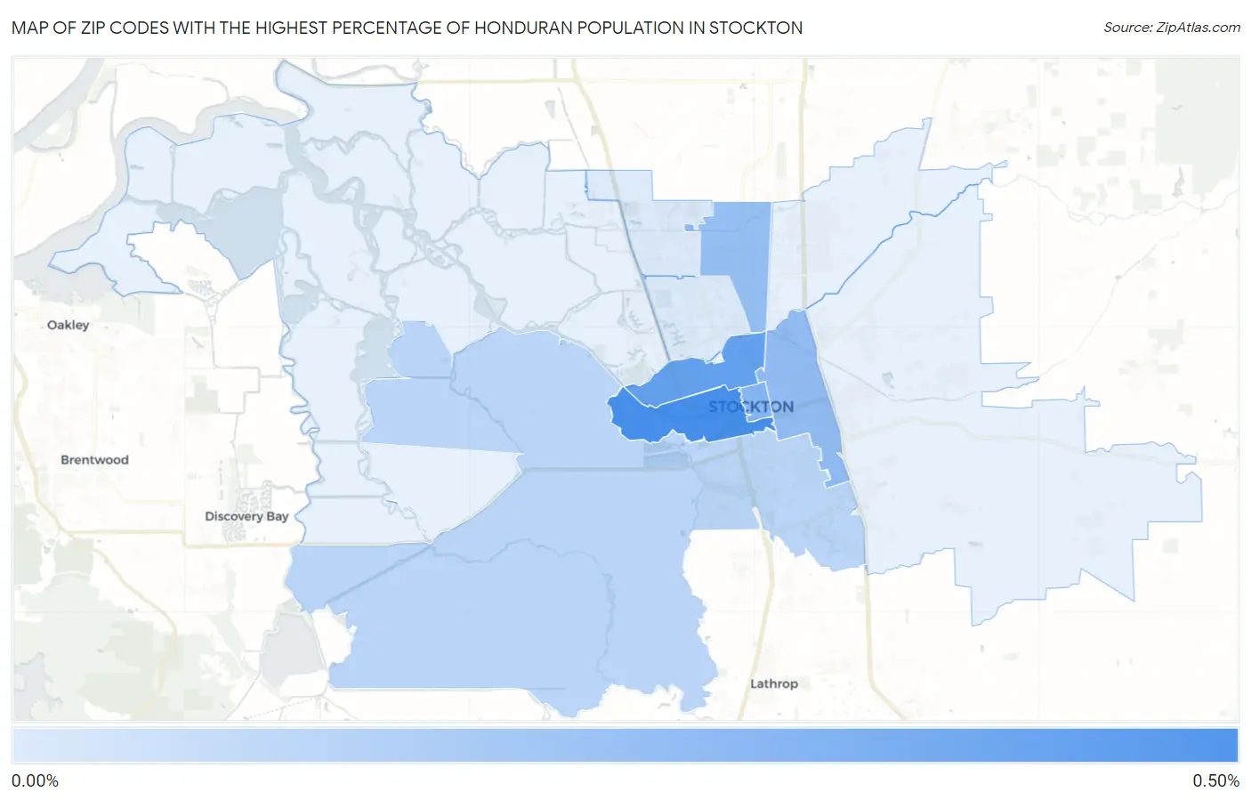 Zip Codes with the Highest Percentage of Honduran Population in Stockton Map