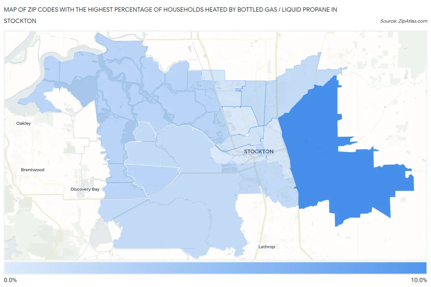 Zip Codes with the Highest Percentage of Households Heated by Bottled Gas / Liquid Propane in Stockton Map