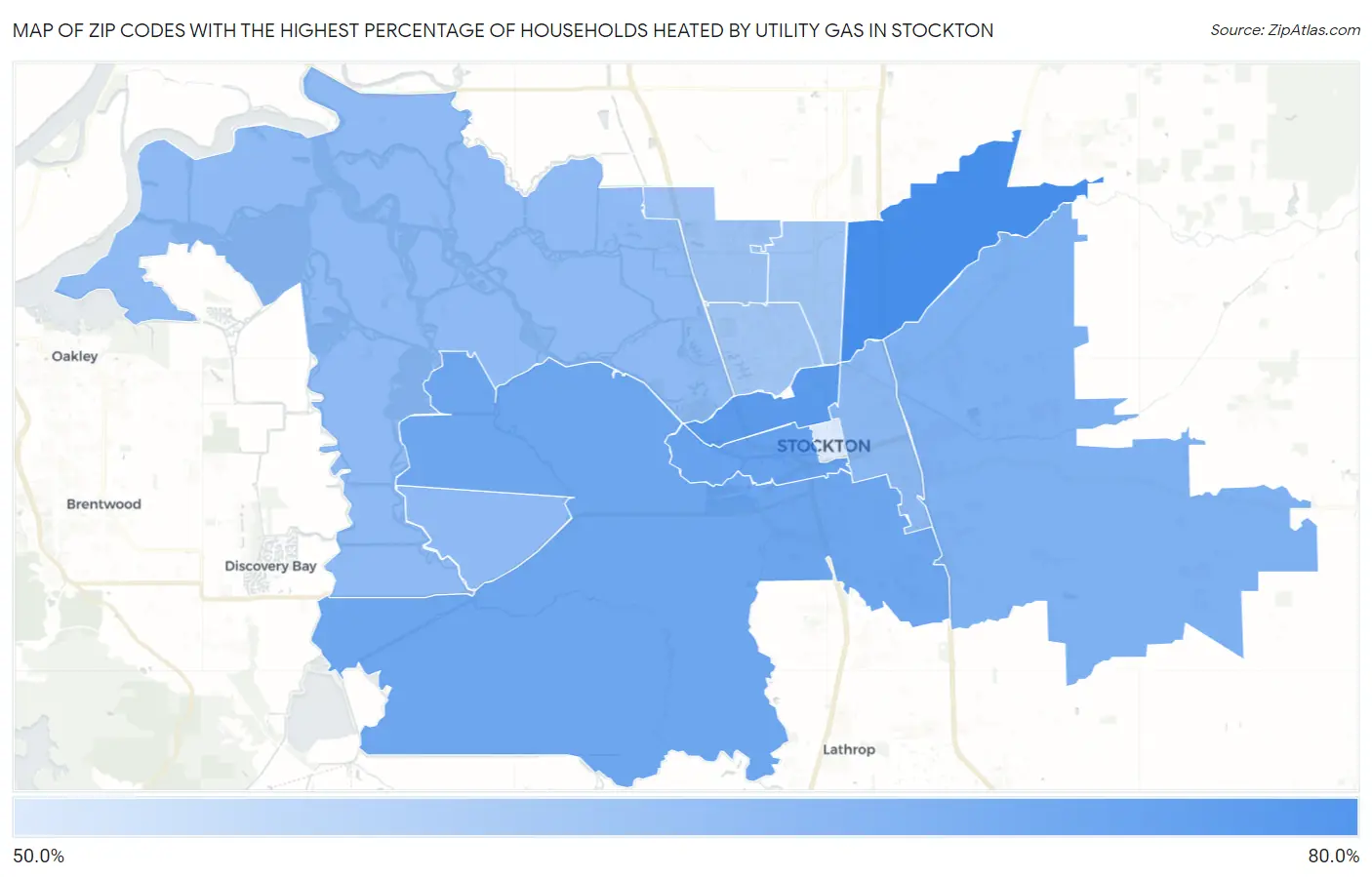 Zip Codes with the Highest Percentage of Households Heated by Utility Gas in Stockton Map