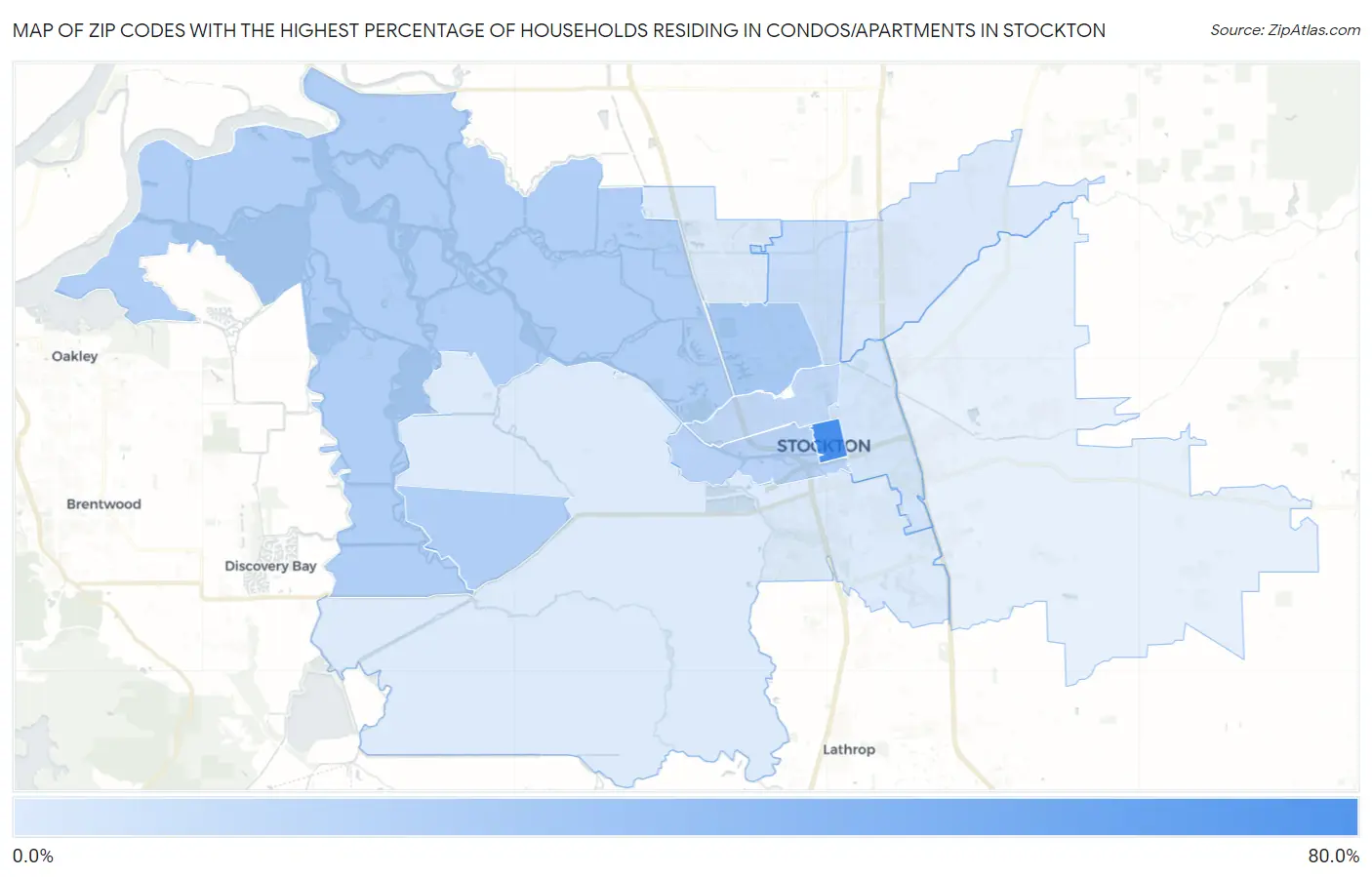 Zip Codes with the Highest Percentage of Households Residing in Condos/Apartments in Stockton Map