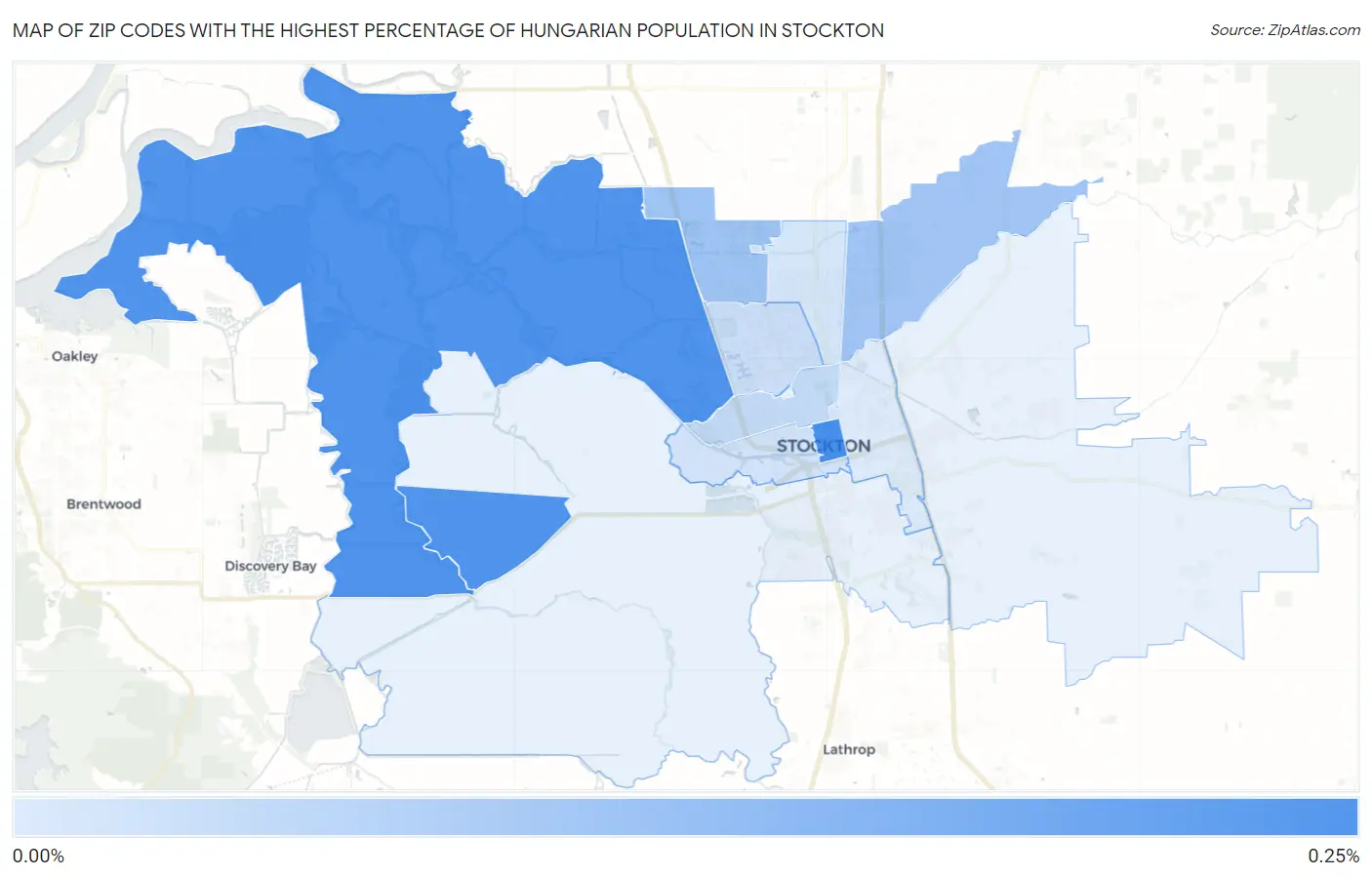 Zip Codes with the Highest Percentage of Hungarian Population in Stockton Map