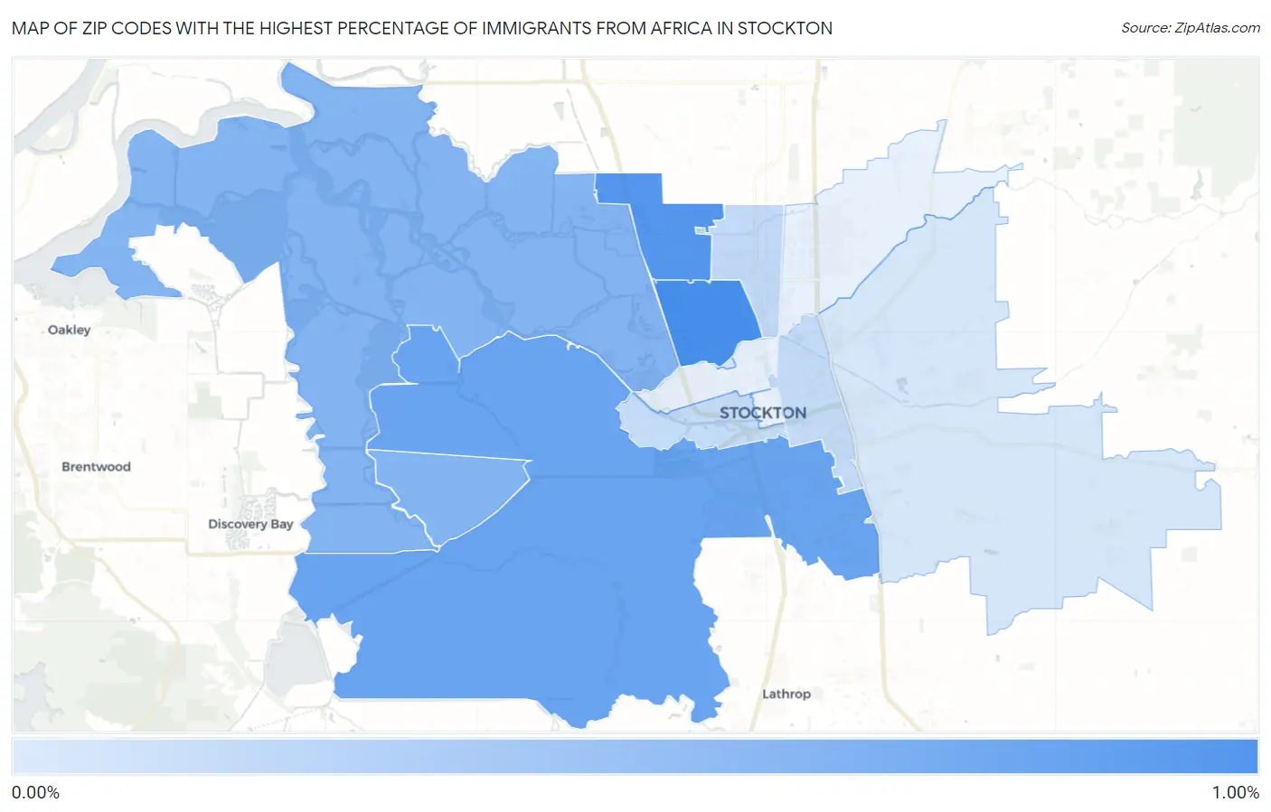 Zip Codes with the Highest Percentage of Immigrants from Africa in Stockton Map