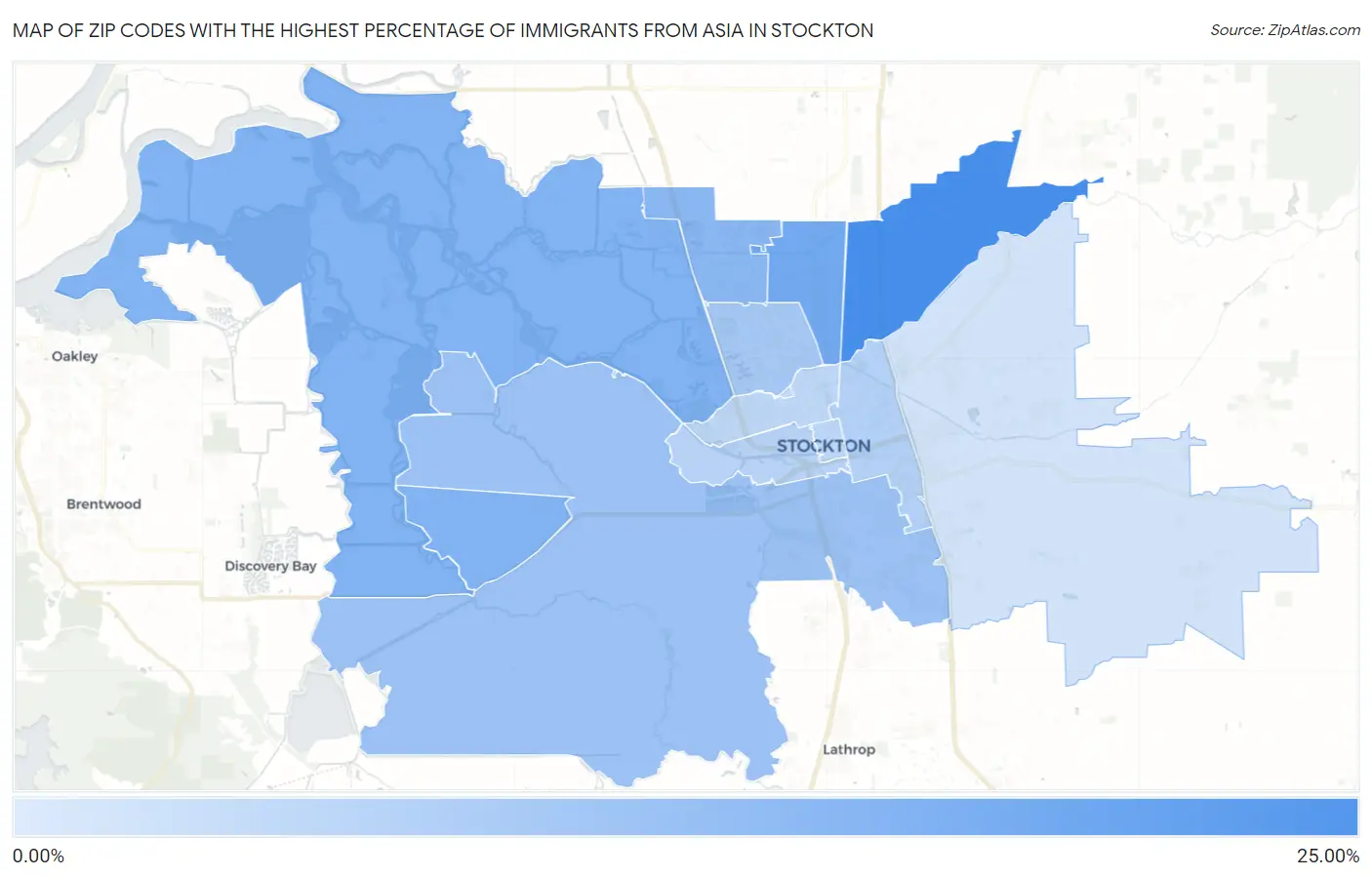 Zip Codes with the Highest Percentage of Immigrants from Asia in Stockton Map