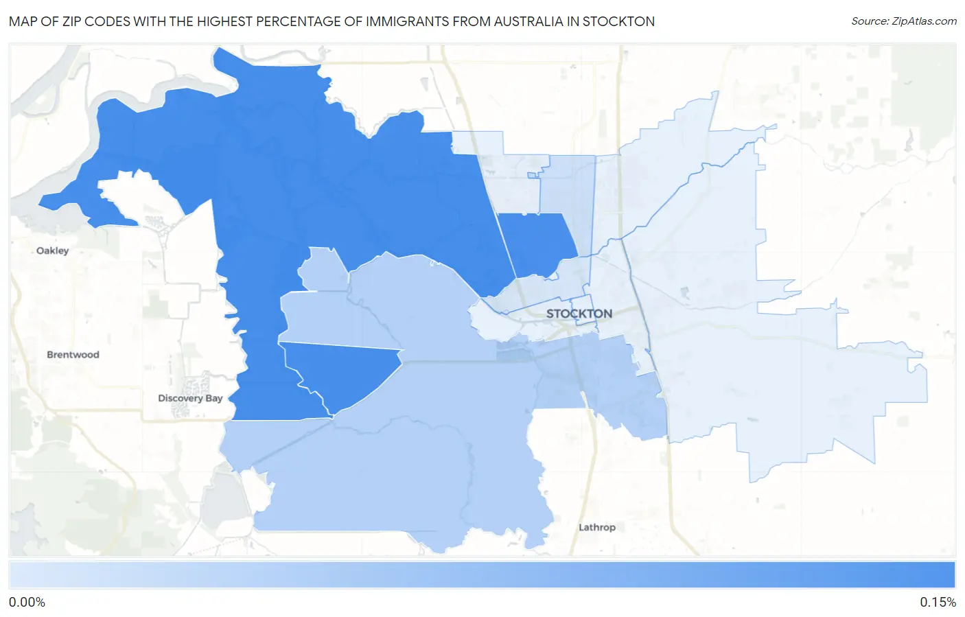 Zip Codes with the Highest Percentage of Immigrants from Australia in Stockton Map