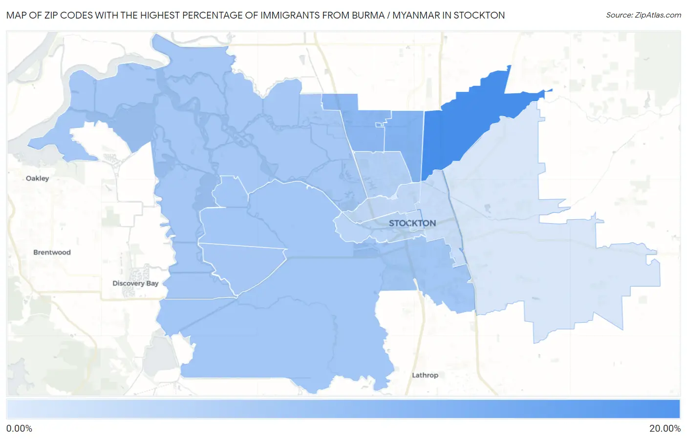 Zip Codes with the Highest Percentage of Immigrants from Burma / Myanmar in Stockton Map