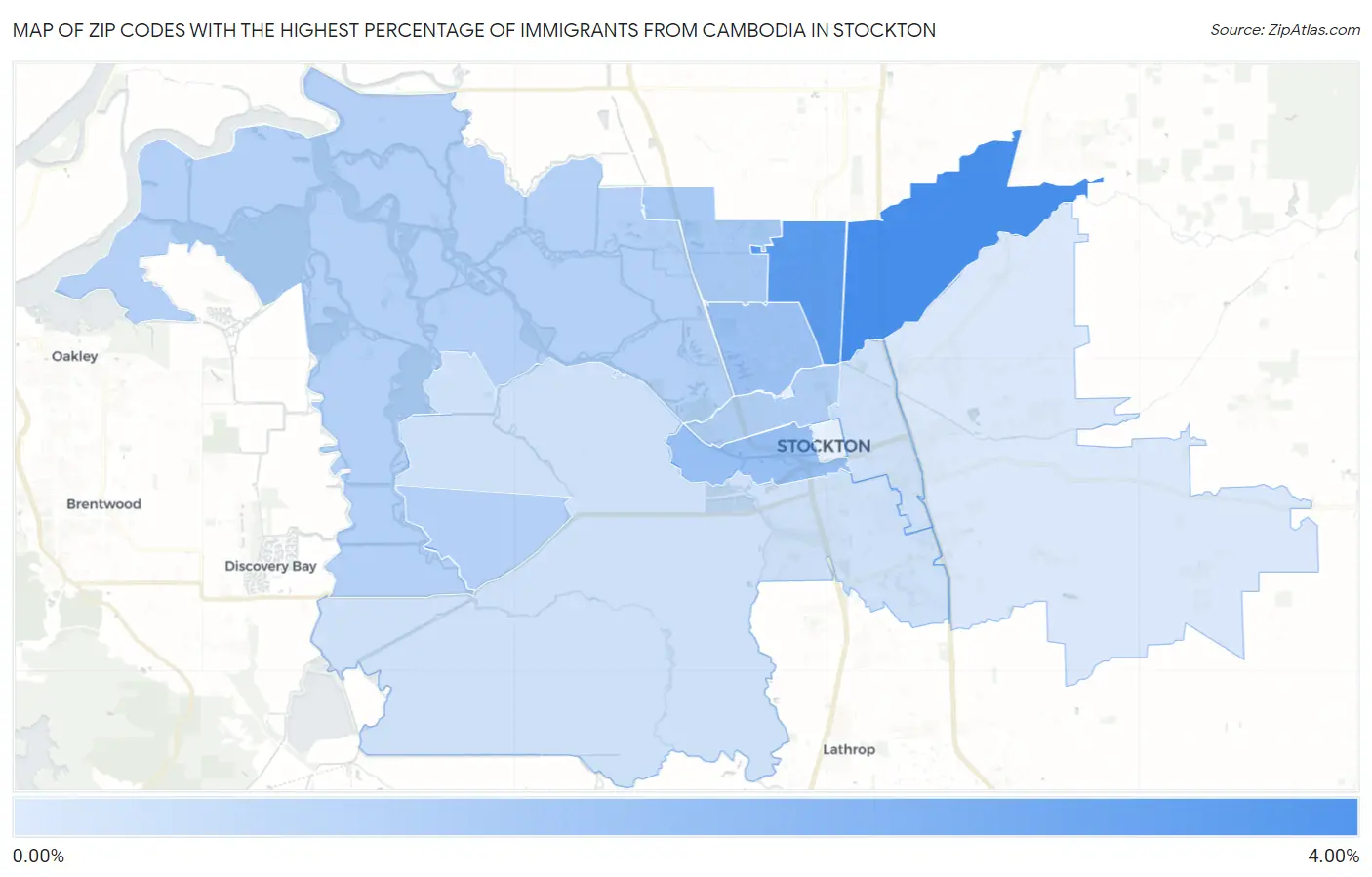 Zip Codes with the Highest Percentage of Immigrants from Cambodia in Stockton Map