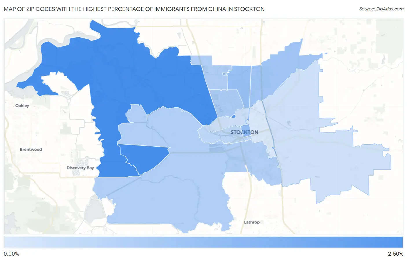 Zip Codes with the Highest Percentage of Immigrants from China in Stockton Map