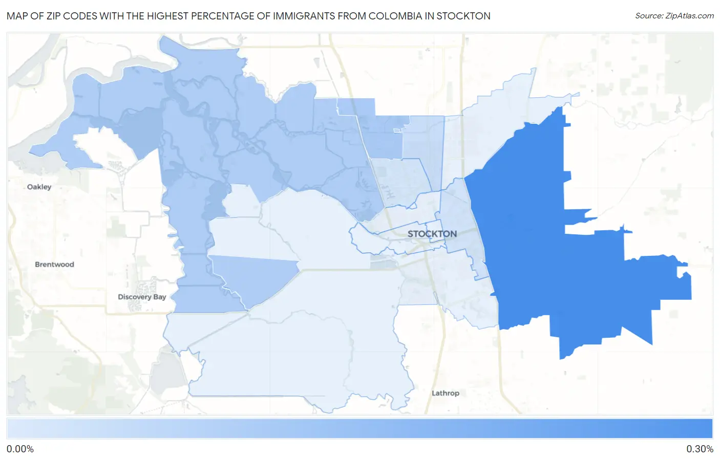 Zip Codes with the Highest Percentage of Immigrants from Colombia in Stockton Map