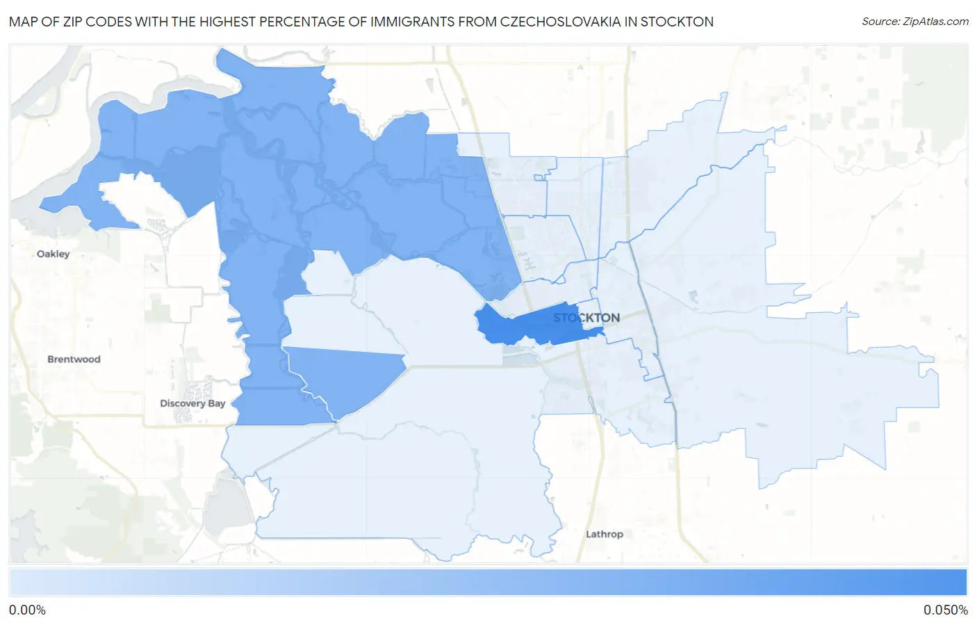 Zip Codes with the Highest Percentage of Immigrants from Czechoslovakia in Stockton Map