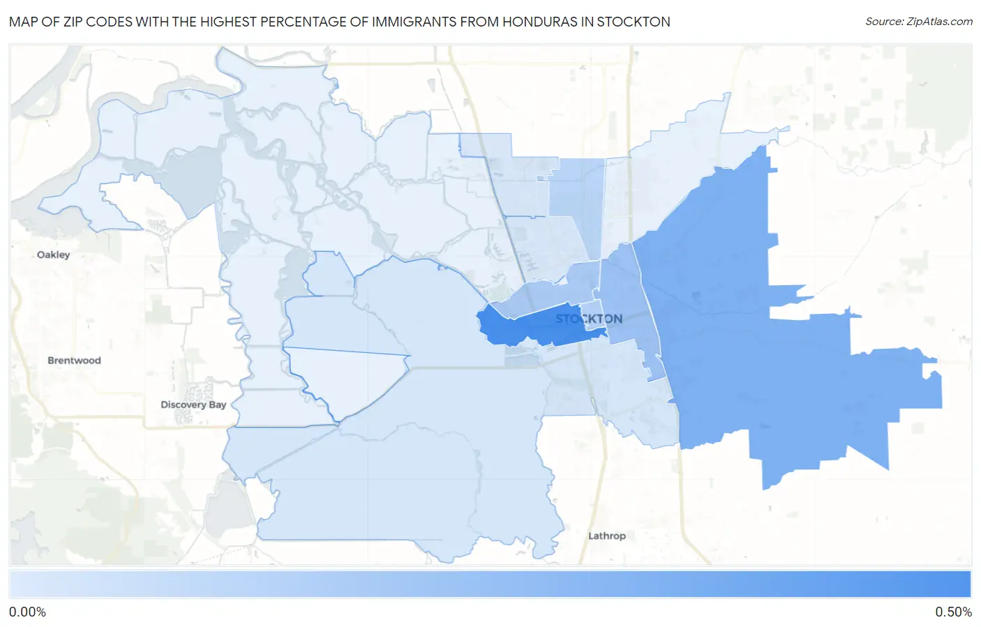 Zip Codes with the Highest Percentage of Immigrants from Honduras in Stockton Map