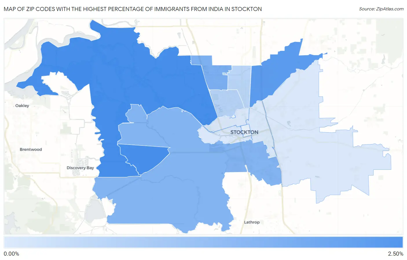 Zip Codes with the Highest Percentage of Immigrants from India in Stockton Map