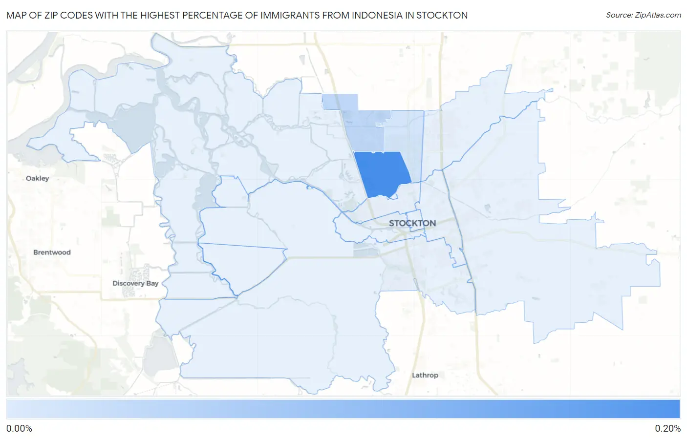 Zip Codes with the Highest Percentage of Immigrants from Indonesia in Stockton Map
