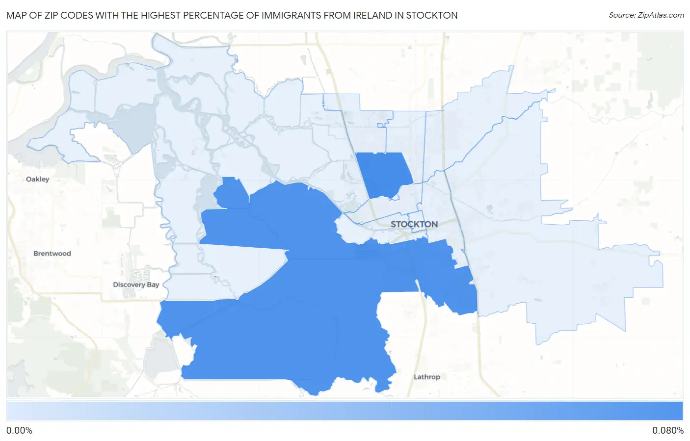 Zip Codes with the Highest Percentage of Immigrants from Ireland in Stockton Map
