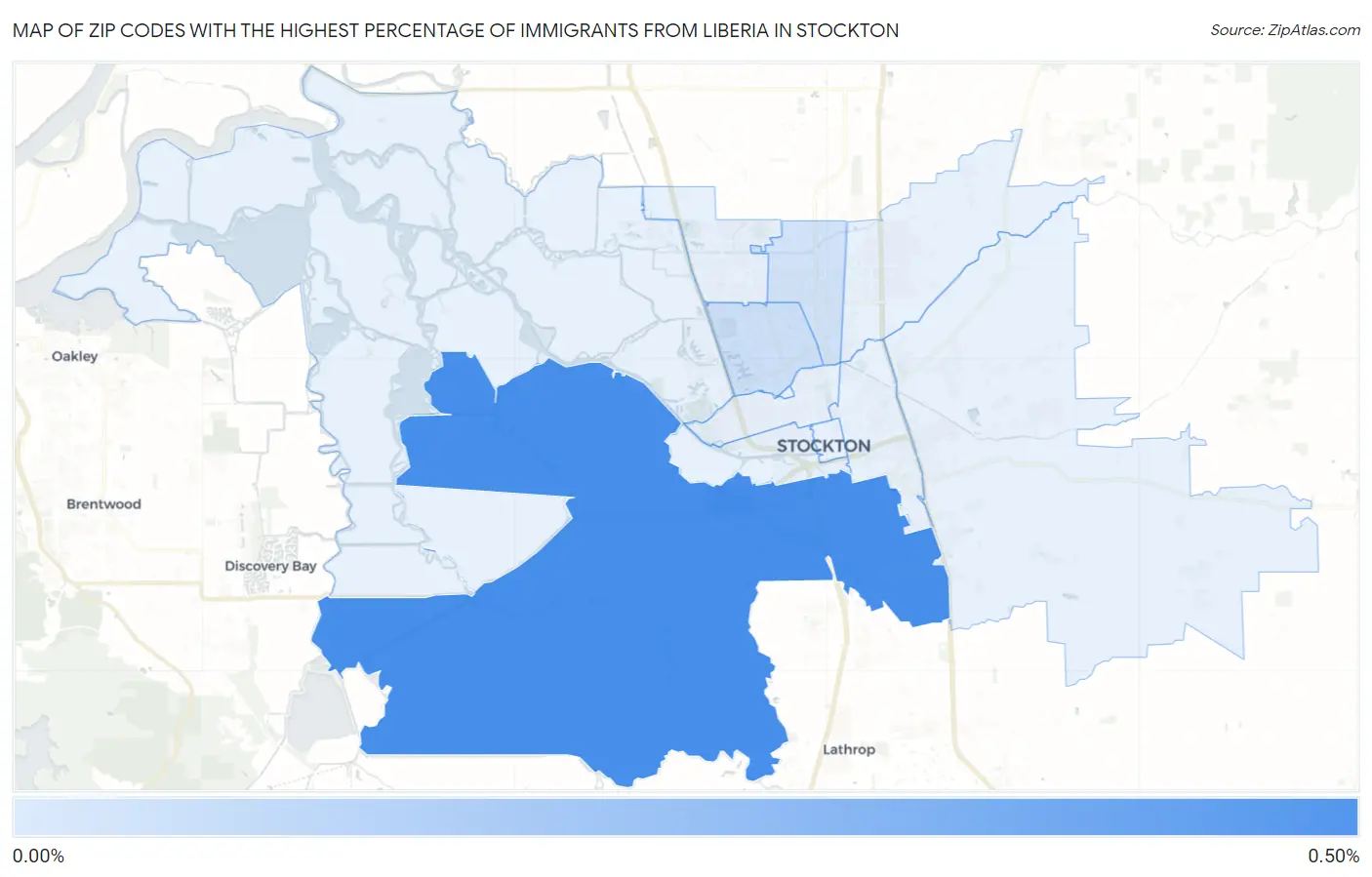 Zip Codes with the Highest Percentage of Immigrants from Liberia in Stockton Map