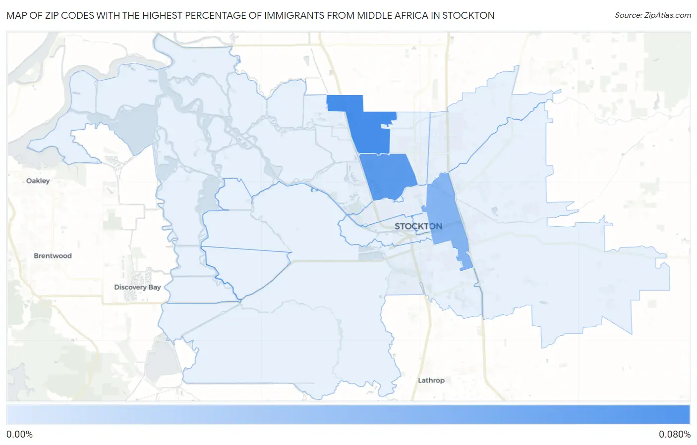 Zip Codes with the Highest Percentage of Immigrants from Middle Africa in Stockton Map