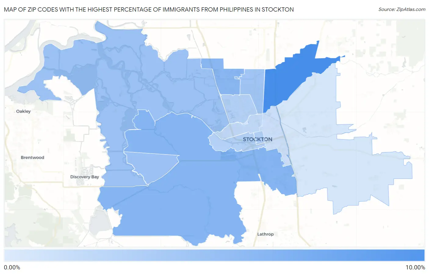 Zip Codes with the Highest Percentage of Immigrants from Philippines in Stockton Map